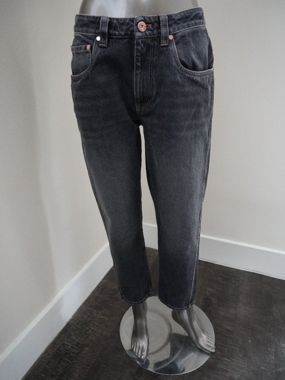 Brunello Cucinelli Monili Jeans Black Overdyed Denim Straight Leg Size 4